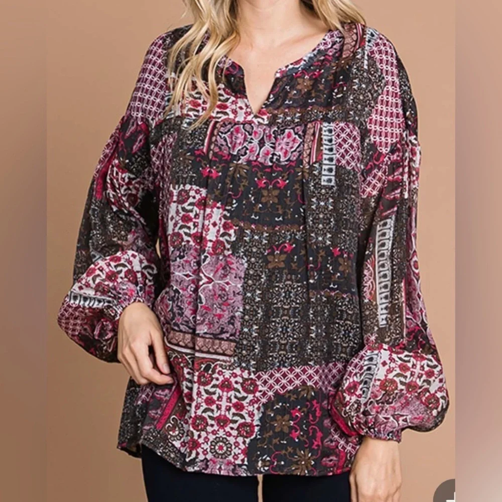 Cotton Bleu Patchwork Boho Blouse - Picture 2 of 5